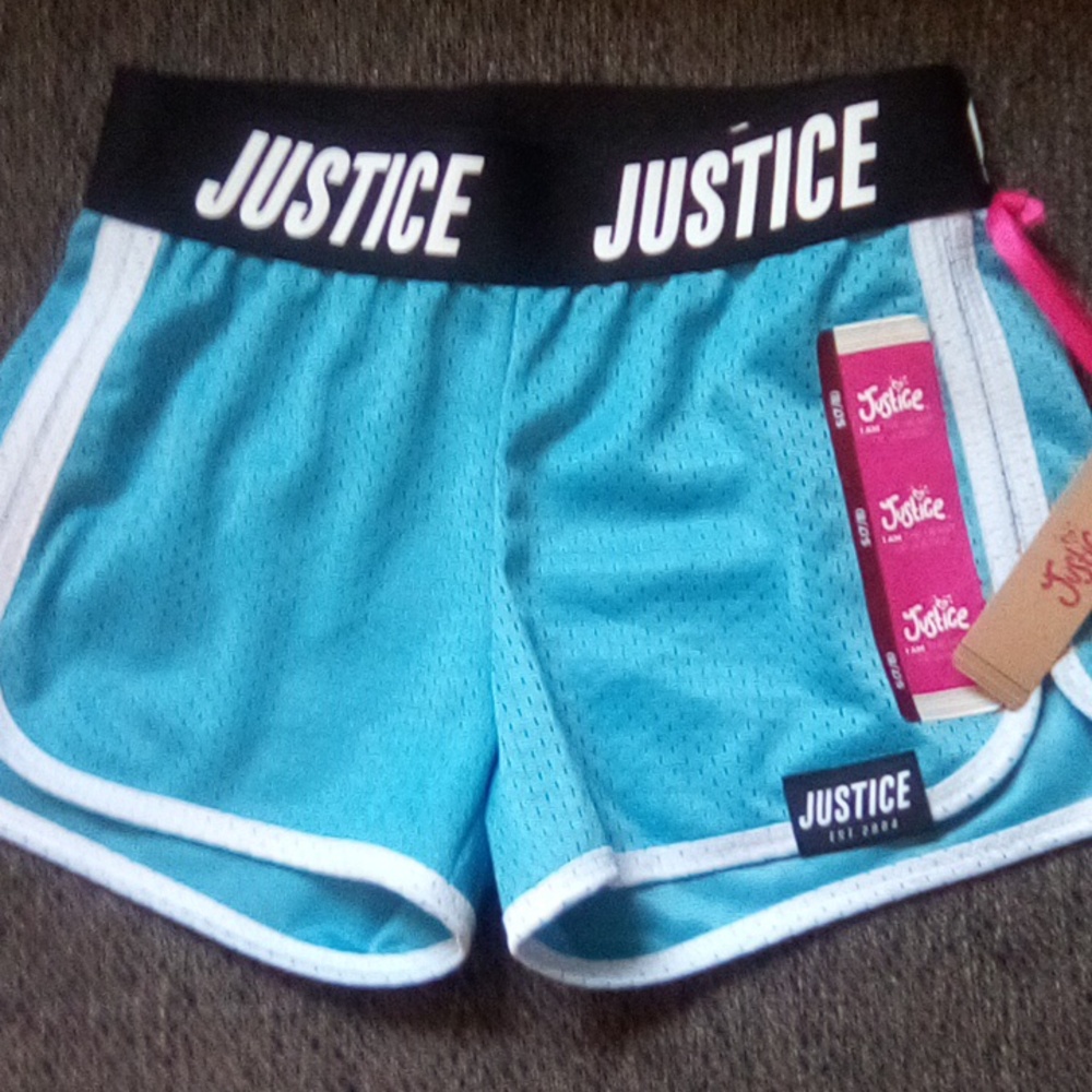 NWT Justice Blue And White Mesh Shorts With Black Stretch Waist And Logo On Band